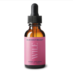 Dropper bottle with pink label that says WILE Burnout Relief Herbal Supplement